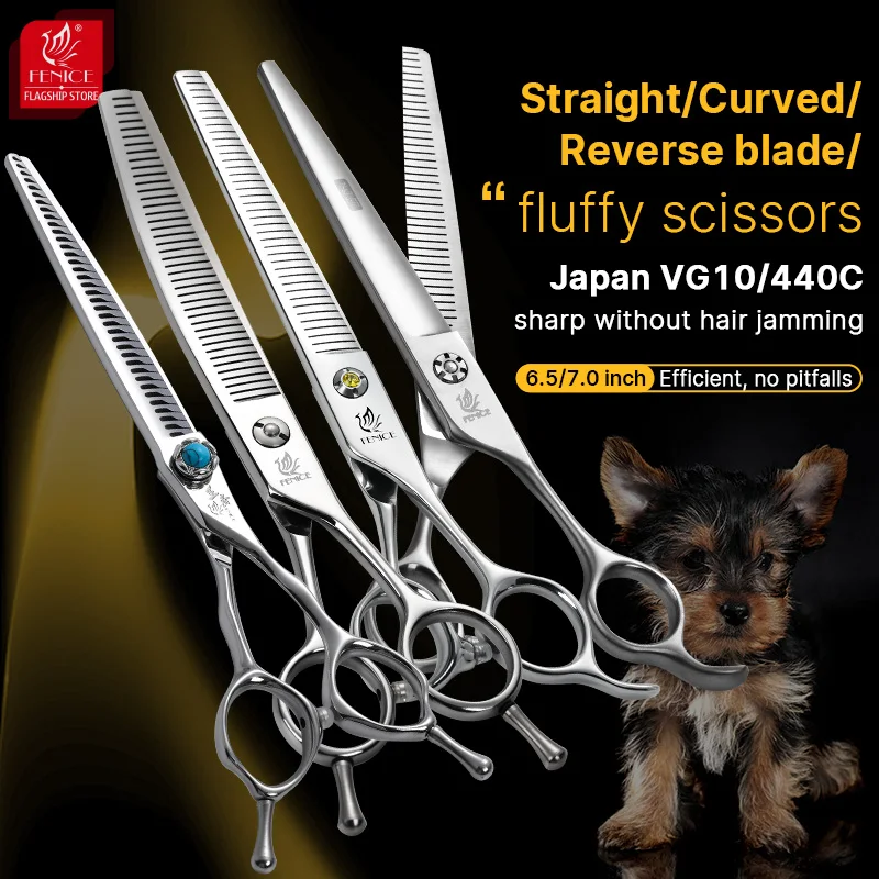 

Fenice Dog Scissors Professional 6.5/7.5 inch Pet Fluffy Thinning Grooming Scissors Dog Thinner Shears JP440C&VG10 Steel