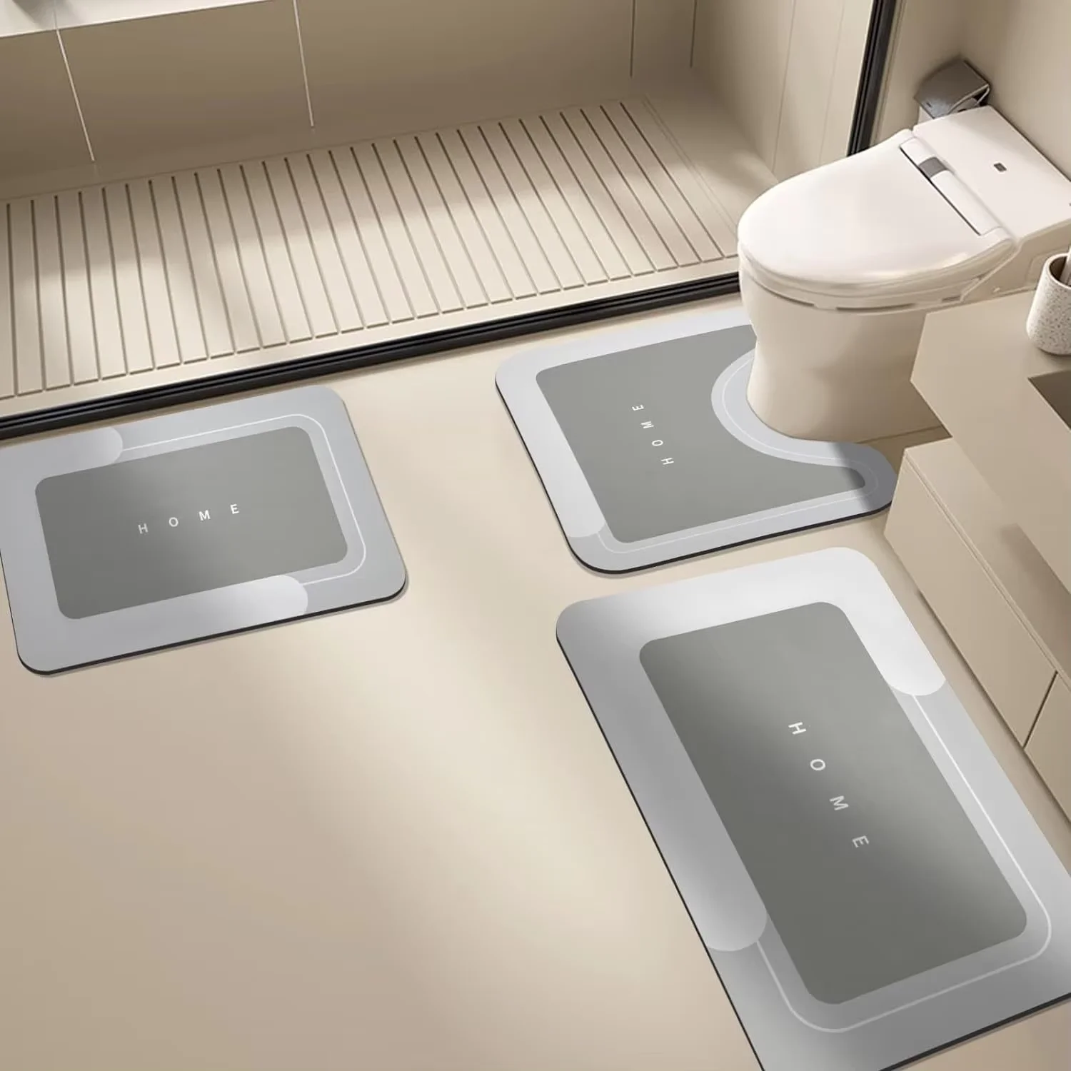 VIKAMA 3PCS Simple Diatomium Mud Bathroom Floor Mat U-Shaped Light Luxury Absorbent Non-Slip Foot Mat Drain Mat Carpet