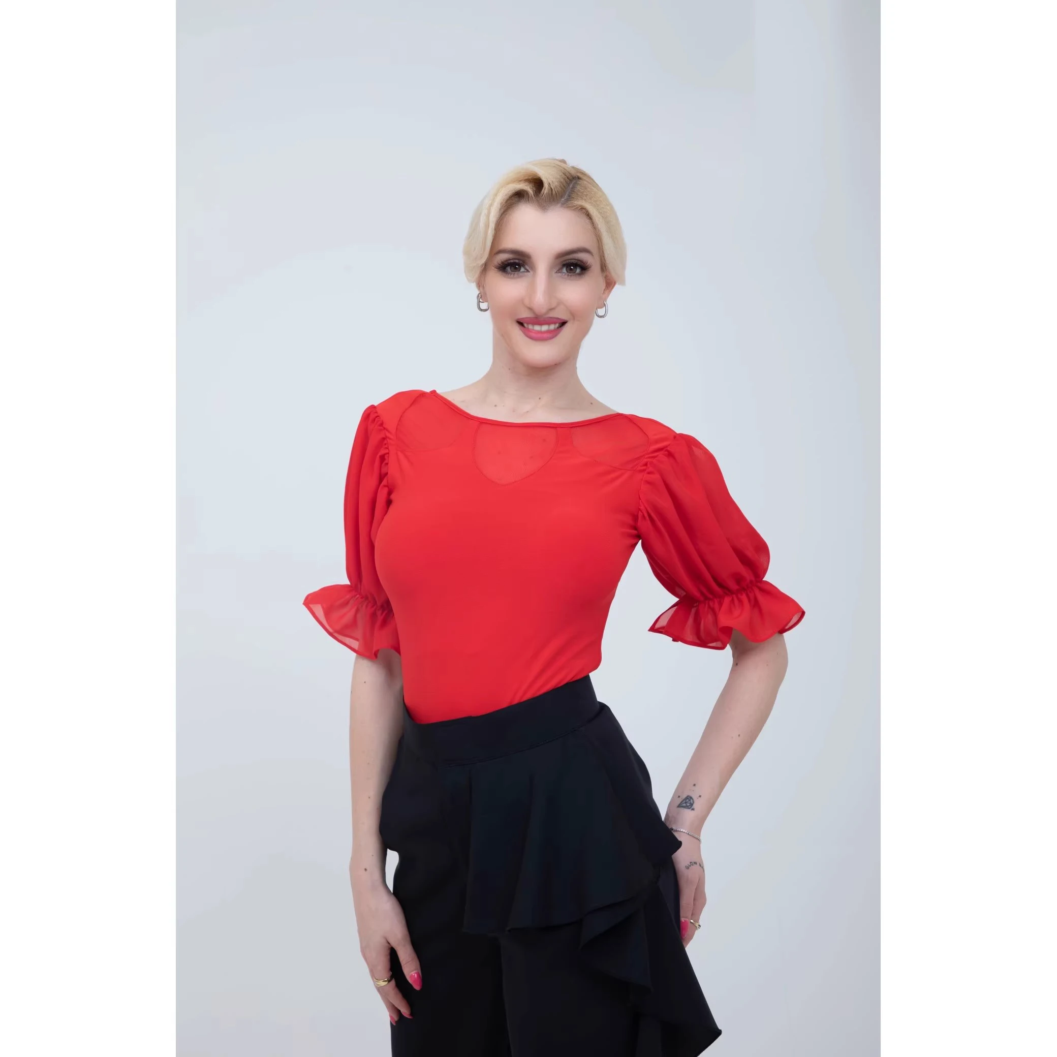 Top de manga curta de malha para dança de valsa, trajes de dança latina modernos, rumba, tango, roupas de dança de salão, roupa de prática dn21966