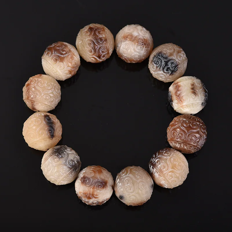 Yak Skull Black Flower Bloodshot Ox Horn Engraved Back Lines Bracelet Men And Women'S Prayer Beads