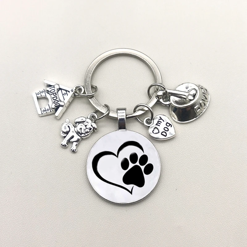 Cute Pet Dog Keychain Paw Dog Glass Cabochon KeyRing Top Dog House Charms Keychains I Love My Dog Pendant Keychain Gifts