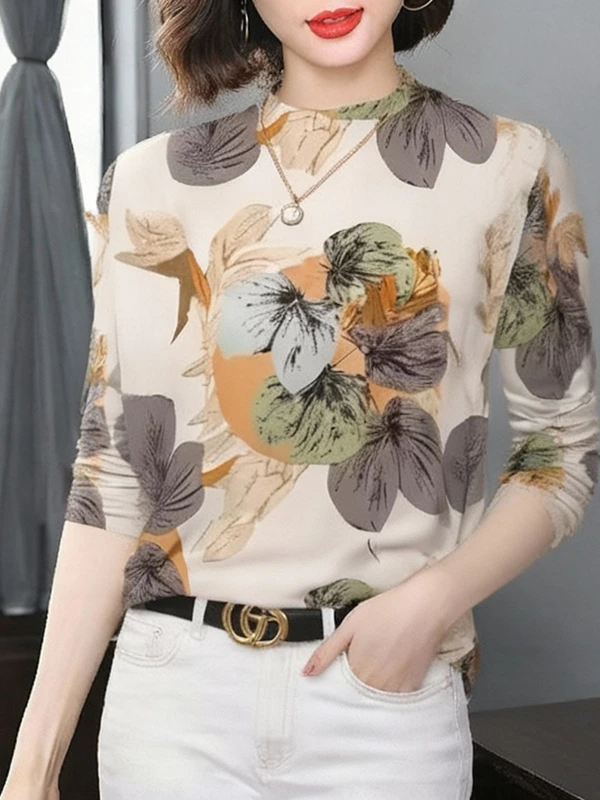 

Элегантная теплая базовая рубашка с длинным рукавом и принтом, с воротником-стойкой, для женщин среднего и старшего возраста, модная одежда для мам, модель Belly C