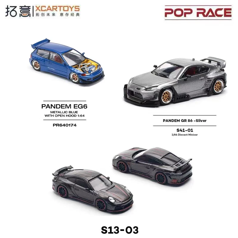 POPRACE 1:64 Porsche 992 GTR Supercar Civic EG6 Blue Without Front Cover Toyota Silver-gray GR86 Rocket Rabbit PANDEM Open-cover
