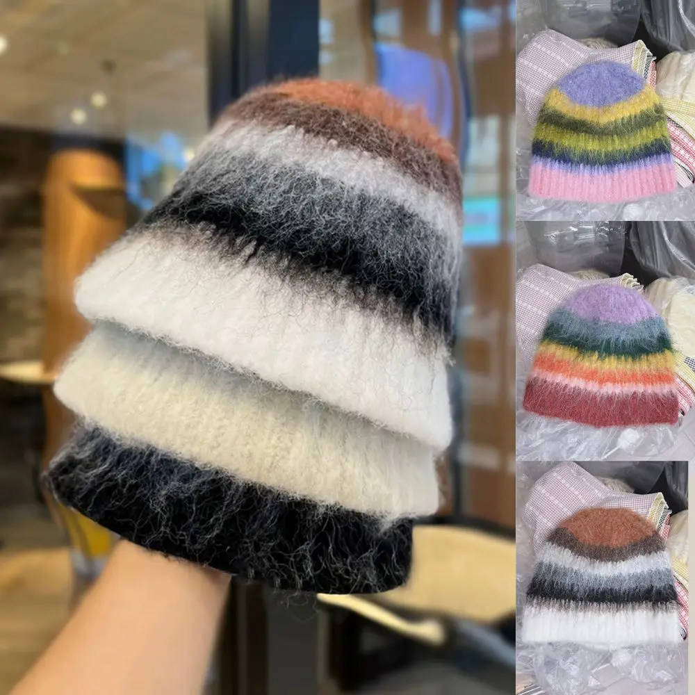 NEW Striped Beanie Autumn Winter Wool Soft Warm Knitted Cap Women SkullCap Hats Girls Y2K Knitted Hats Outdoor Ski Caps 2024