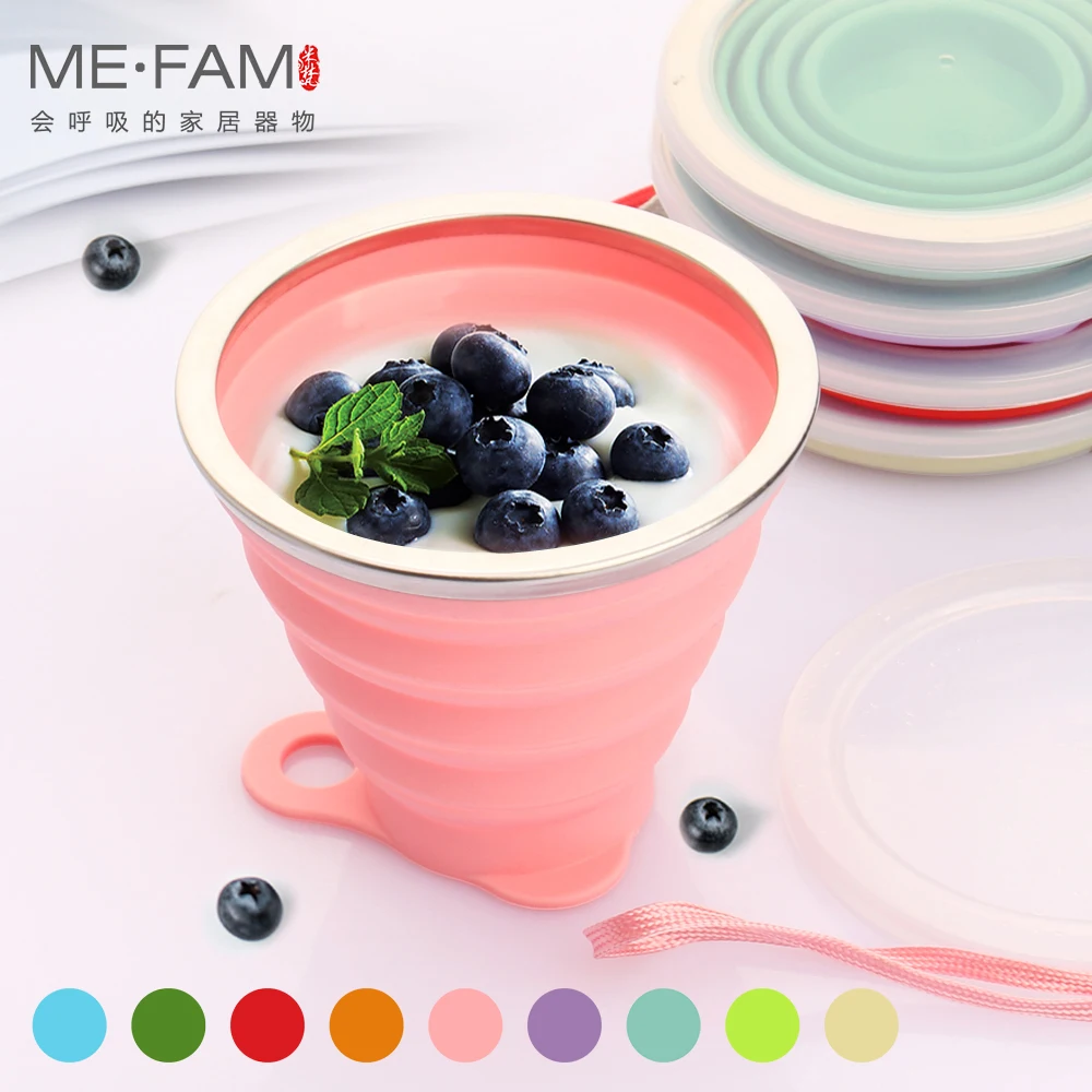 ME.FAM 270ml Stainless Steel Silicone Folding Cup With Lanyard / Dustproof Cover Lid Outdoor Coffee Cups Retractable Travel Copa