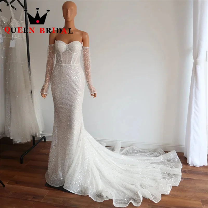 

Luxury Pearls Sequined Wedding Dresses 2023 Sweetheart Mermaid Off The Shoulder Backless Bride Gowns Robe De Mariée Custom Y87X