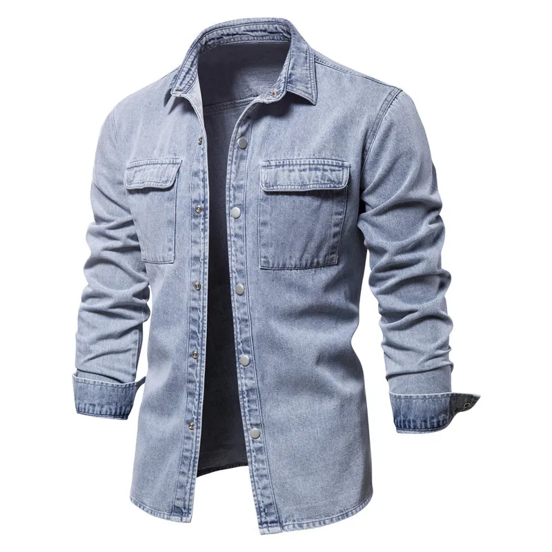 Men Denim Shirts Jackets Male Light Blue Casual Fashion Denim Coats Jeans Jacket Man Streetwear Long Sleeve Shirts Size XXL