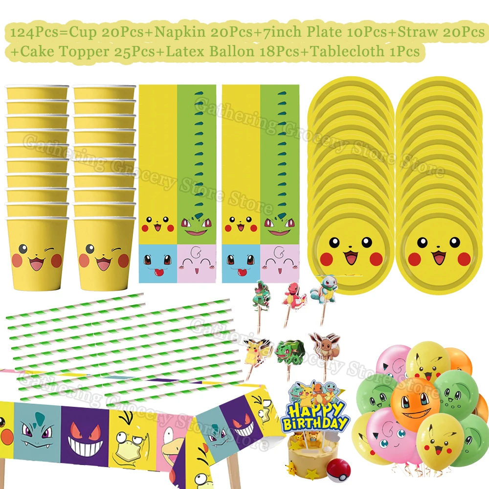 Tableware Set Pokemon Pikachu Paper Plate Cup Napkin Latex Ballon DIY Party Decoration Family Festivel Event Gift Party Supplies