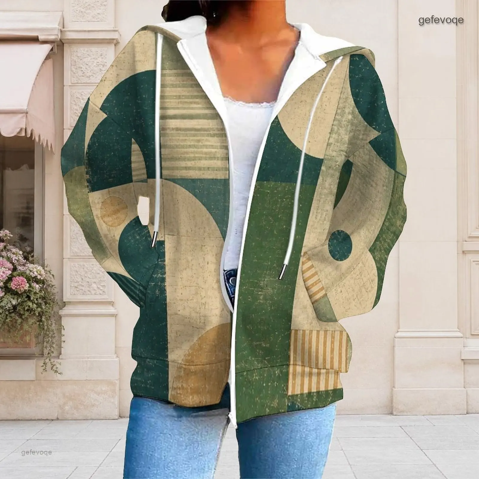 Women Printed Long Sleeve Zip Up Hoodie Off White Base Blue Yellow Grey Abstract Geometric Leaf Pattern Hooded Sweatshirt