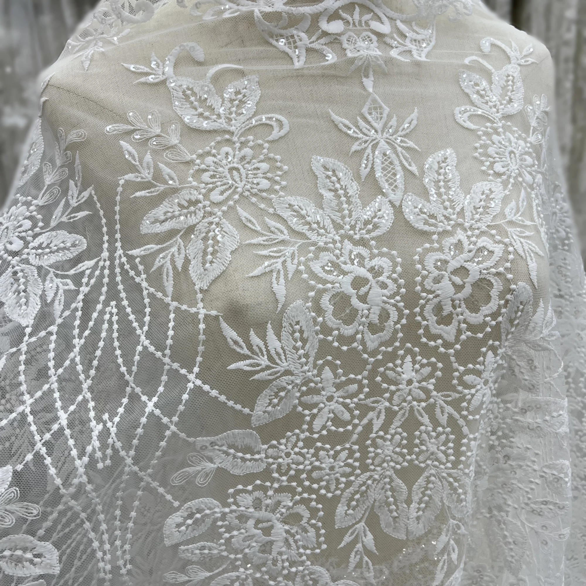 Exquisite Fresh Embroidery Sequin Lace Fabric Wedding Dress Lace Fabrics