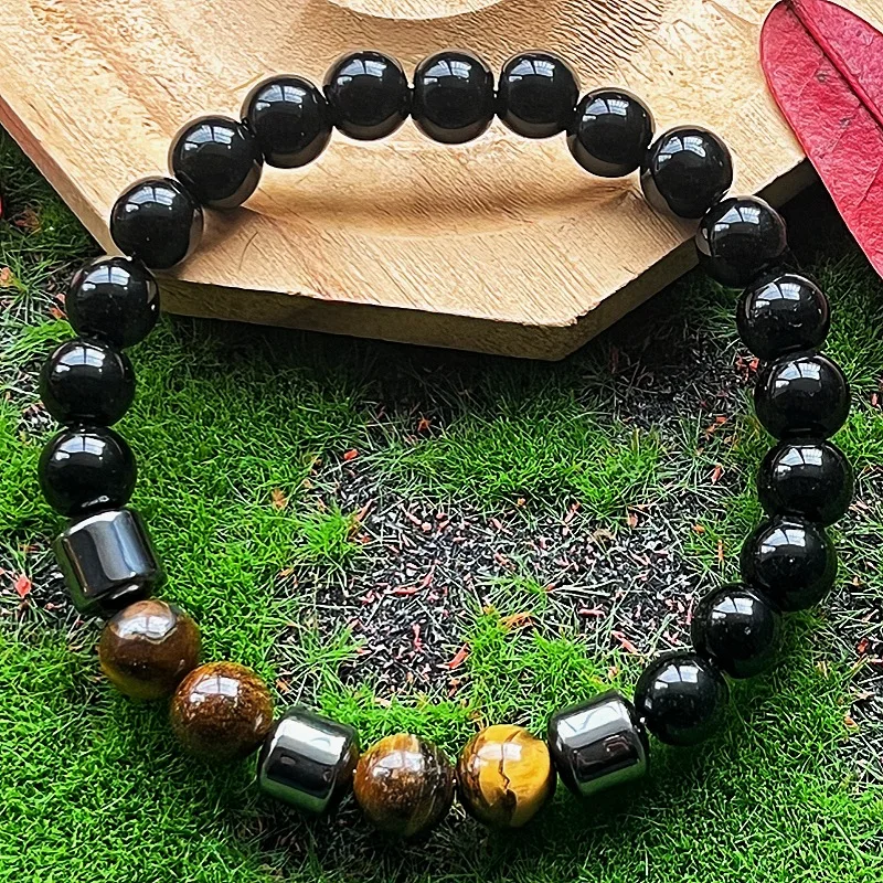 Black Stone Drum Bead Elastic Bracelet, Synthetic Yellow Tiger Eye, Minimalist Gift for Men & Family