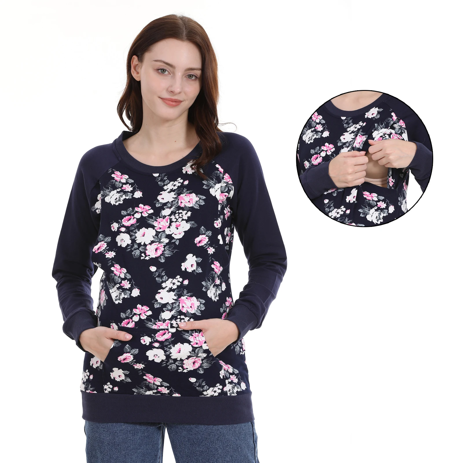 Autumn Winter Pregnancy Clothes Long Sleeve Maternity Tops Floral Breastfeeding Hoodies Nursing Sweatshirt