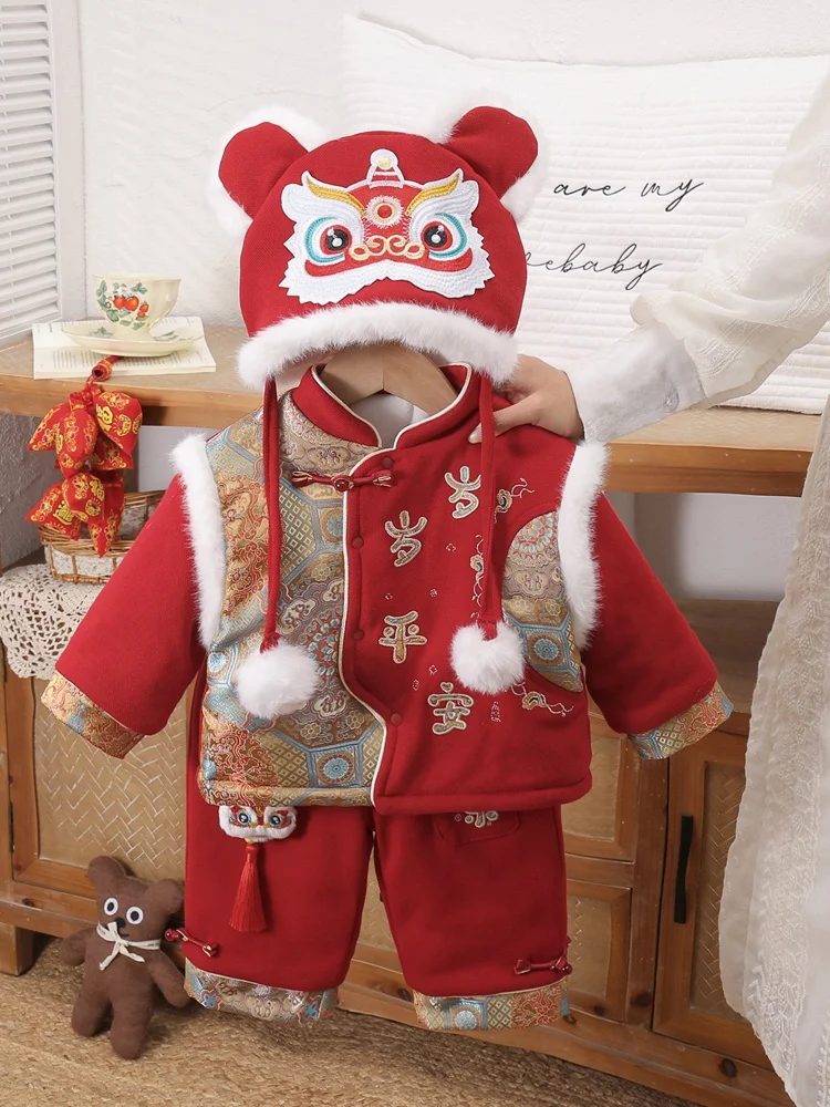 

Комплект детской зимней одежды: хлопковый костюм Ханьфу с флисовой подкладкой для девочек, на 100 дней, на день рождения, на Новый год