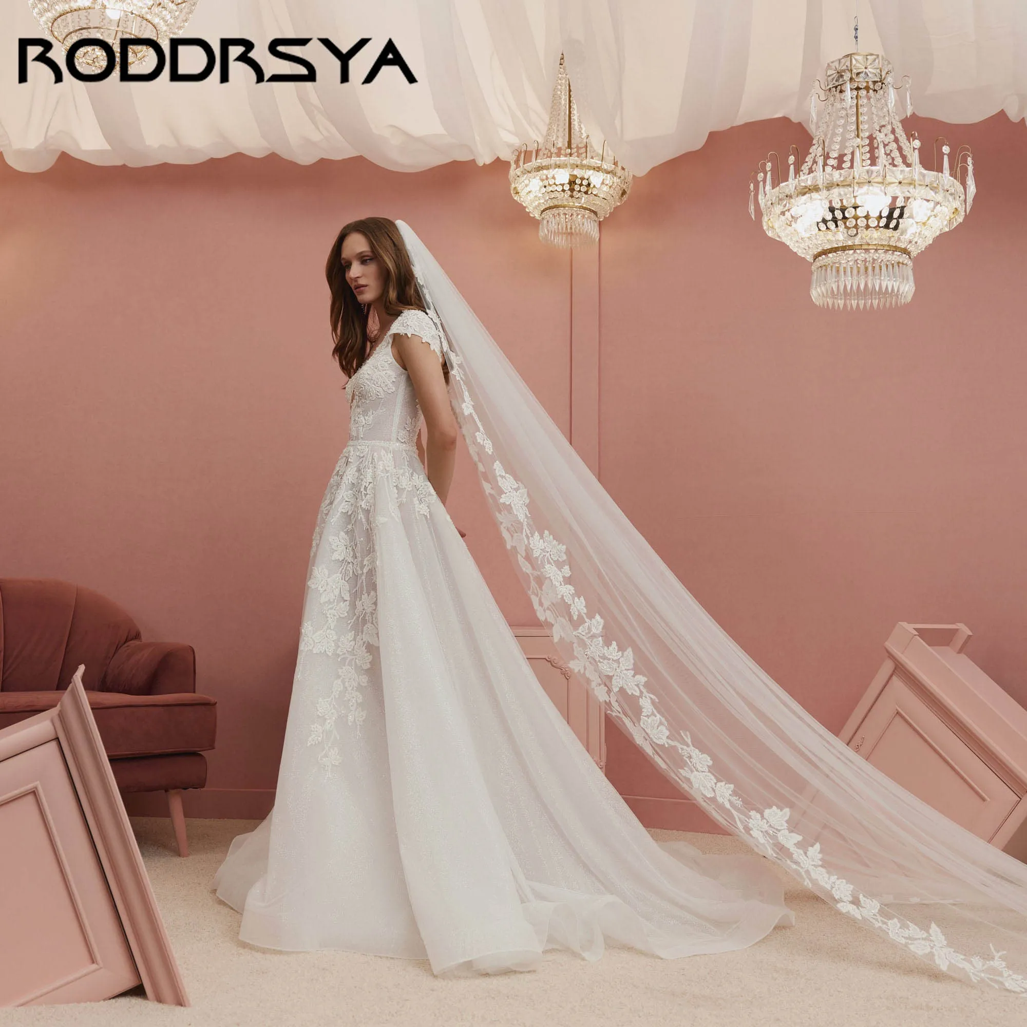 

RODDRSYA Elegance Short Sleeves Wedding Dress V-neck A-line Appliques Tulle Bride Gown V-back Dream vestidos de novia Customized
