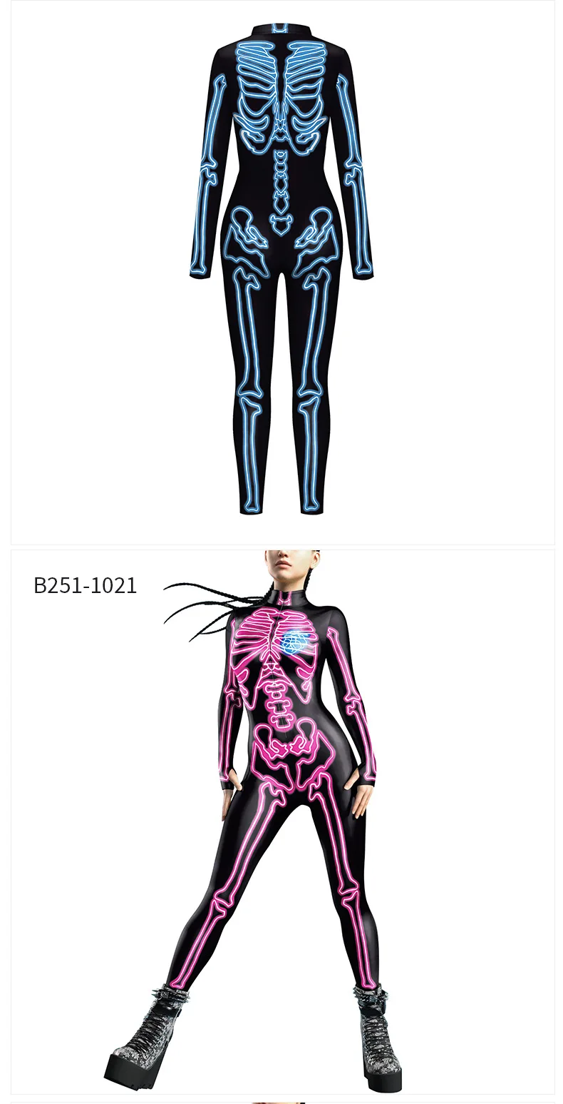 Karneval Halloween Party Fluoreszierender Skelett-Druck Damen Sexy Jumpsuit Cosplay Kostüme Ausgefallener Totenkopf-Bodysuit Mujer 2026 – Detail 22