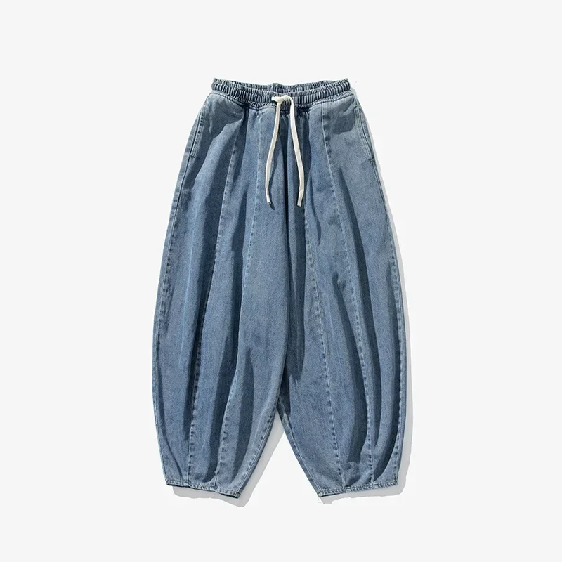 Vintage Loose Harem Pants Men Hip Hop Denim Wide Leg Pants Mens Solid Color Straight Streetwear Jeans Elastic Waist Trousers Man