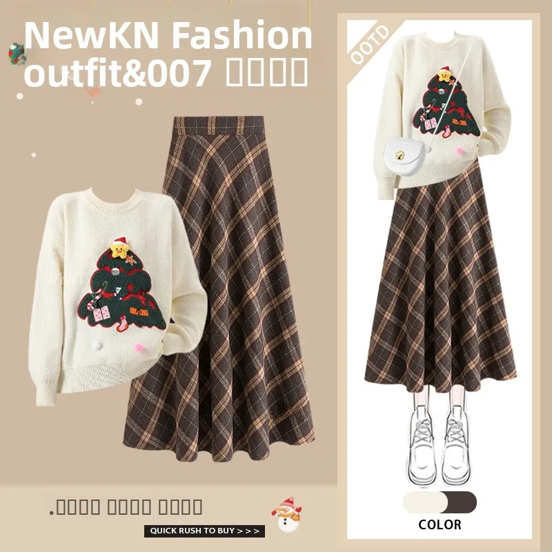 

Sweet Long Sve Sweater Plaid Skirt Two Piece Set Autumn Winter Faion Women's Clothing Youthful Sle Casual Outfit