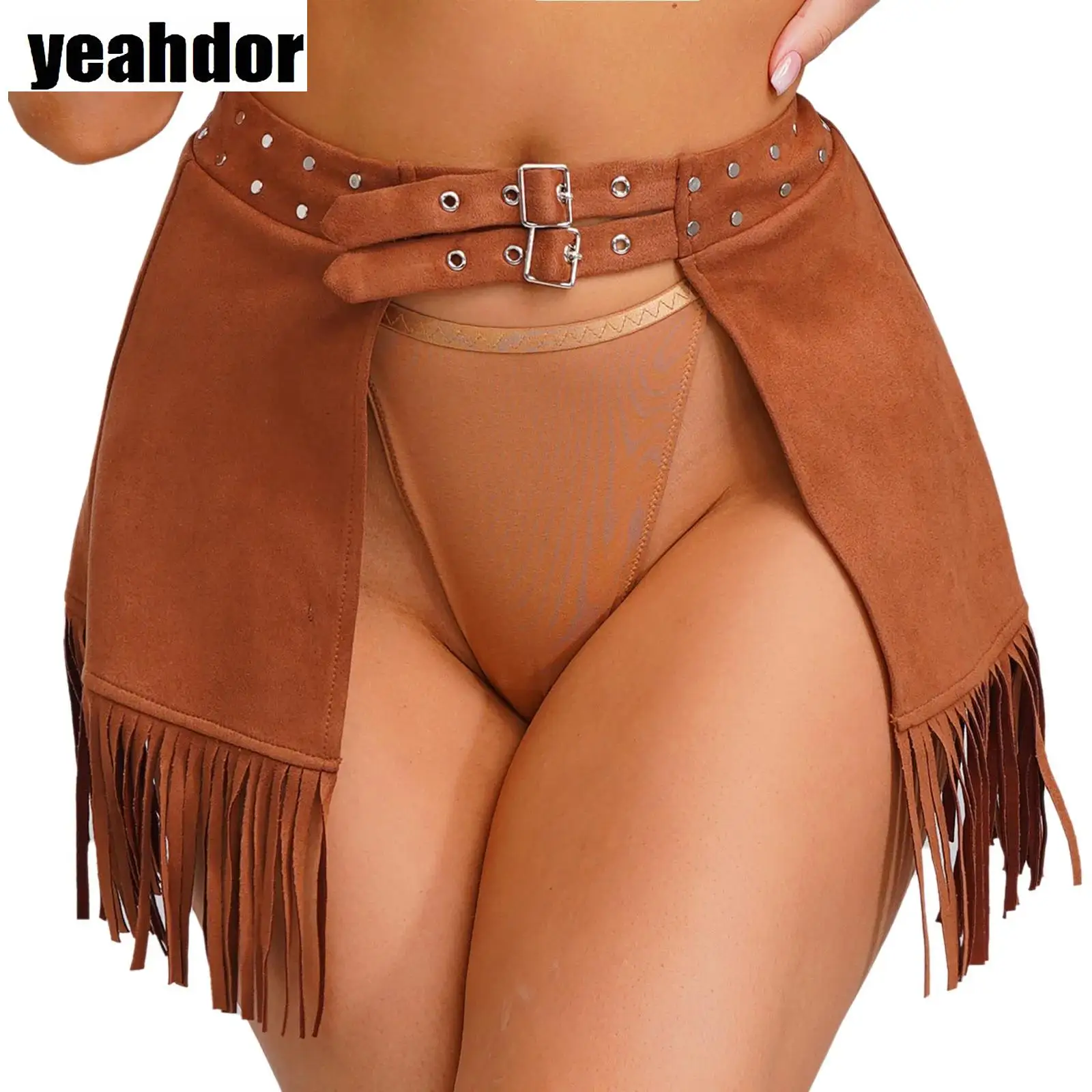 

Women 70s Disco Tassel Cowboy Skirt Retro Double Buckles Rivets Waist Fringe Miniskirts Halloween Western Cowgirl Suede Skirts