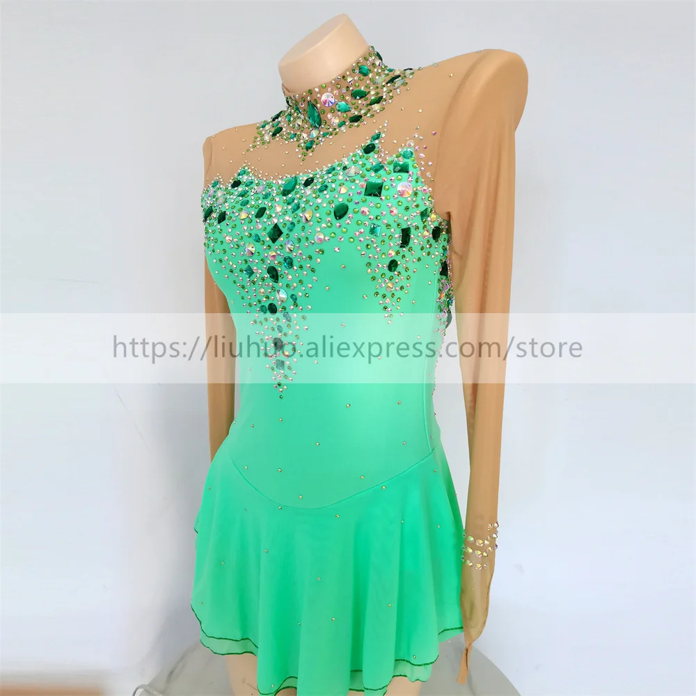 LIUHUO Women Aldult Girl Customize Costume Gymnastics Performance Competition Leotard Ice Figure Skating Dress Green Dance Teens