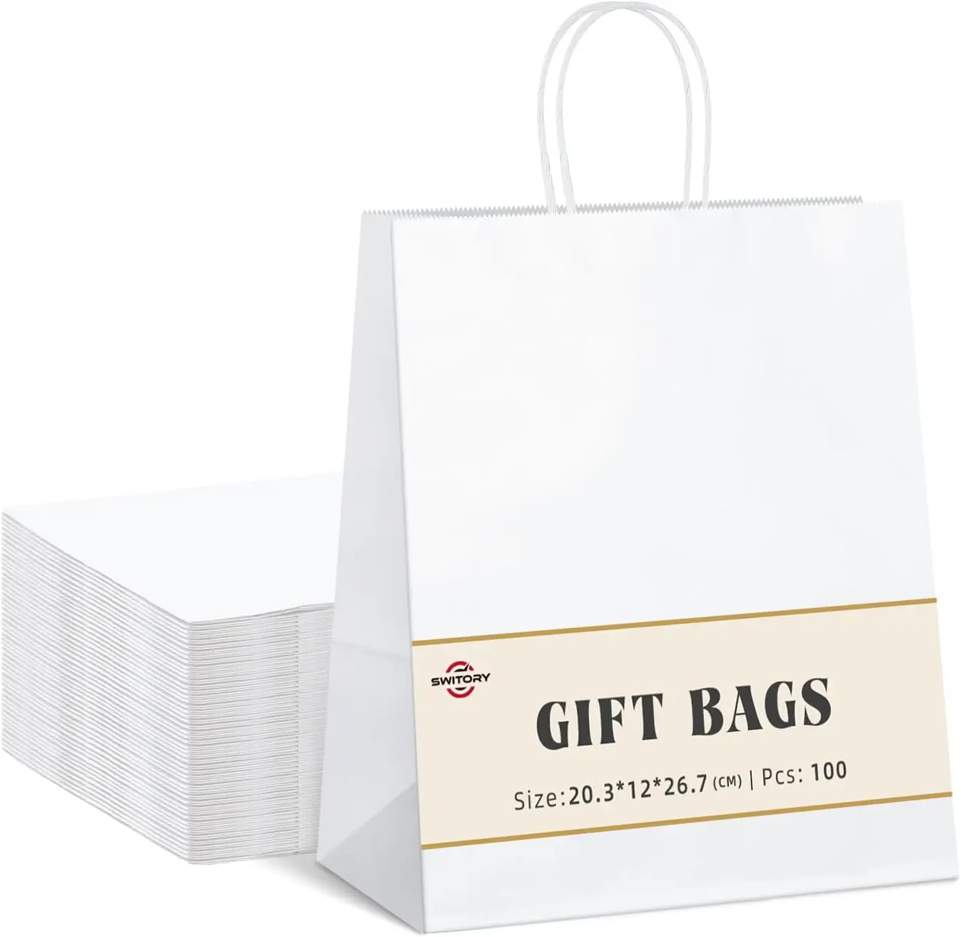 100 Stk Weiß Papiertüten mit Henkel - 20,3 x 12 x 26,7 cm Klein Geschenktüten Papiertragetaschen Kraftpapiertüte zum Einkaufen,