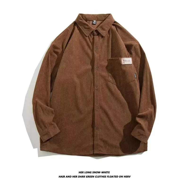 2025 nuevas camisas de pana de manga larga para hombre, apliques de otoño Y2K, camisa Vintage con cuello vuelto, camisas de hombre de moda coreana