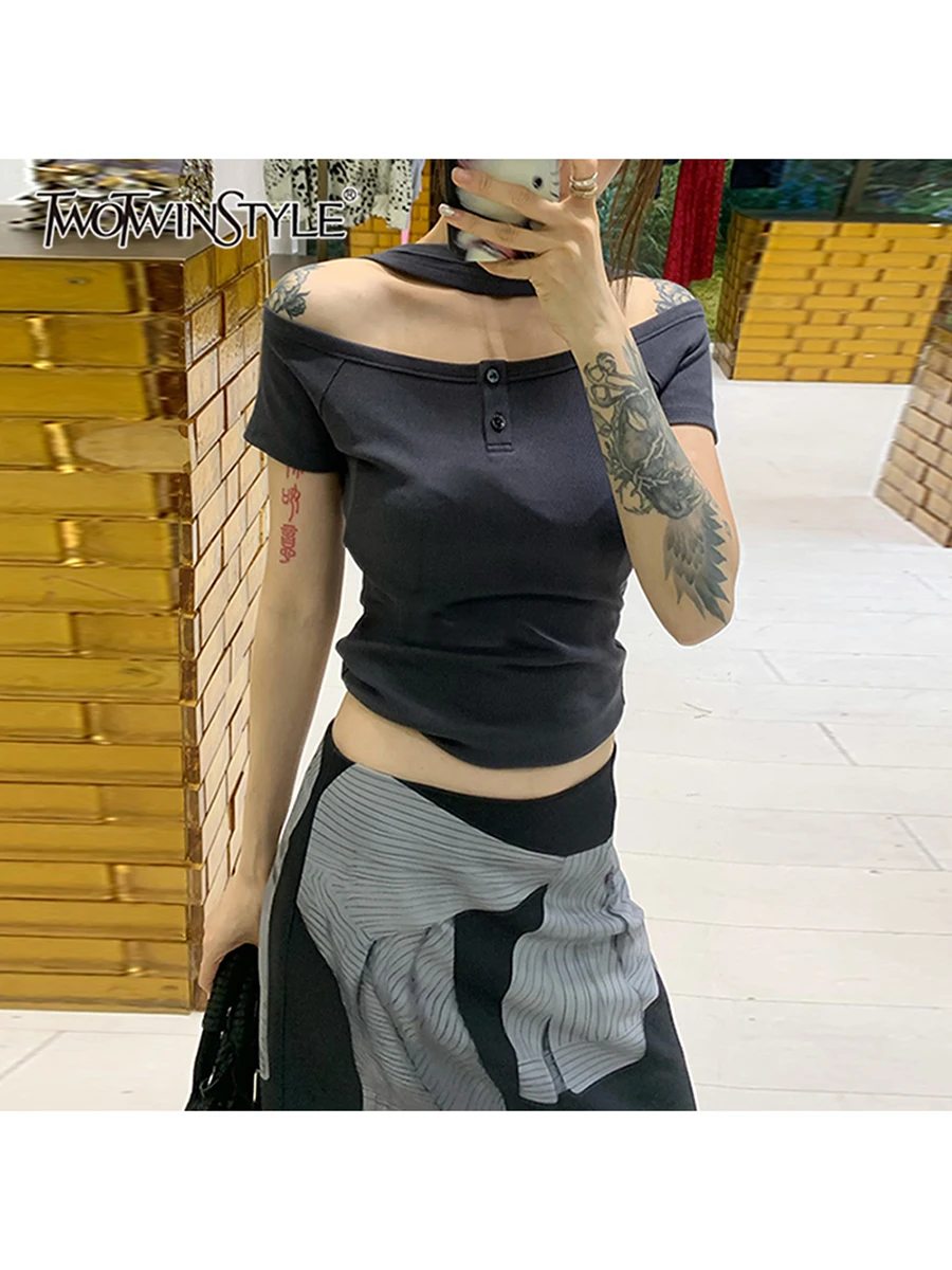 

TWOTWINSTYLE Solid Spliced Button Slimming T Shirts For Women Slash Neck Short Sleeve Tunic Minimalist T Shiet Female Fashion
