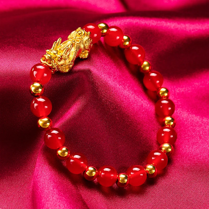 

24K Gold Handcrafted Pixiu Women's Bracelet, AU999 Pure - Trendy Handmade Style, Pixiu Biting Coins + Bead Refraction