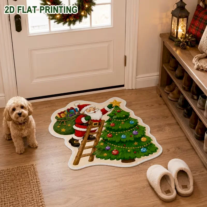 VIKAMA Christmas Round Rug Soft Plush Shaggy Non Slip Washable Santa Ladder Christmas Tree Star Decor Home Rug