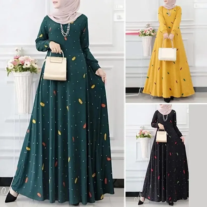 Muslim Leaf Pattern Long Sleeve Dress for Women Casual Bohemian Polka Dot Print Holiday Muslim Dress Full Length Abayas Dubai