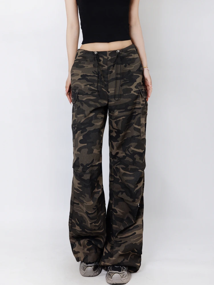 

American Retro Camouflage Utili Pants Women Loose Casual Multi-ket Wide Leg Paratrooper Pants Street Sle Long Trousers