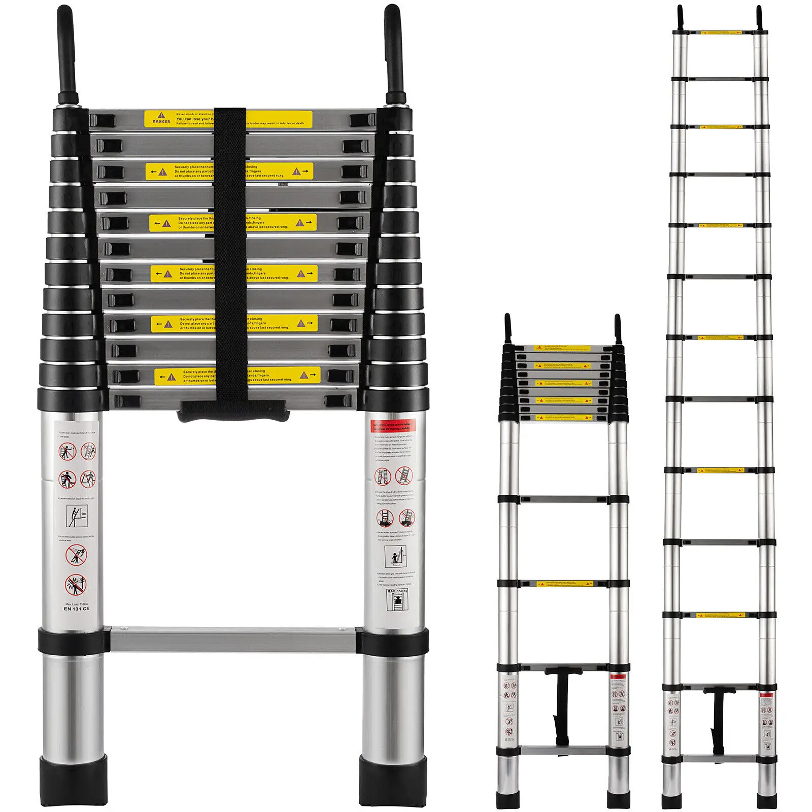 Escalera telescópica con ganchos para el hogar, escalera telescópica de aluminio de 12,5 pies con un botón de retracción, extensión plegable