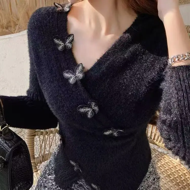 

Винтажная уличная одежда, сексуальные тонкие свитера с v-образным вырезом, женские 3D вязаные джемперы из искусственной норки и кашемира, французские корейские топы с длинными рукавами