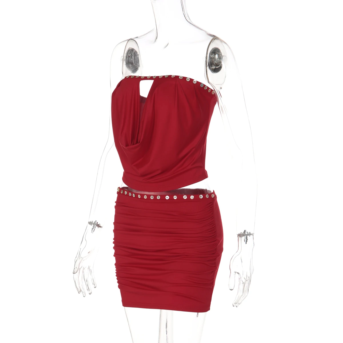 Hugcitar Fashion 2-teiliges Set, trägerlos, einfarbig, mit Knöpfen, Dekoration, sexy Crop-Tank-Top, Rock, Sommer-Outfit für Damen, Strandurlaub – Detail 3