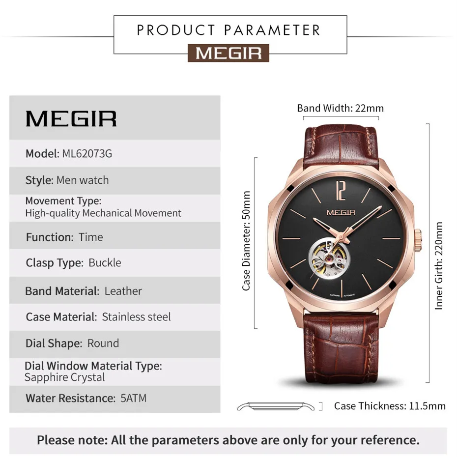 MEGIR Retro Men\'s Wristwatch Luxury Automatic Mechanical Watches Leather Sapphire 5ATM Waterproof Watch Relogio Masculino 62073