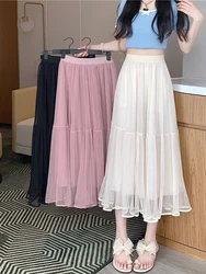 Zoki-Falda Midi de tul elegante para mujer, Falda plisada de malla de cintura alta, moda coreana, holgada, informal, lisa, nueva