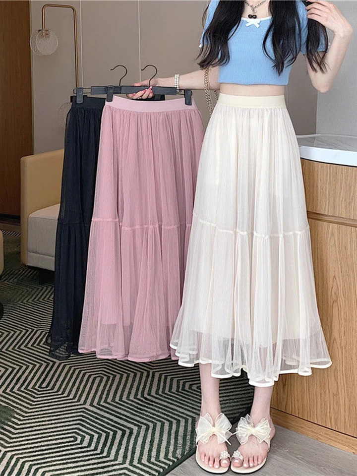 Zoki Elegant Tulle Midi Skirt Women Sweet High Waist Mesh Pleated