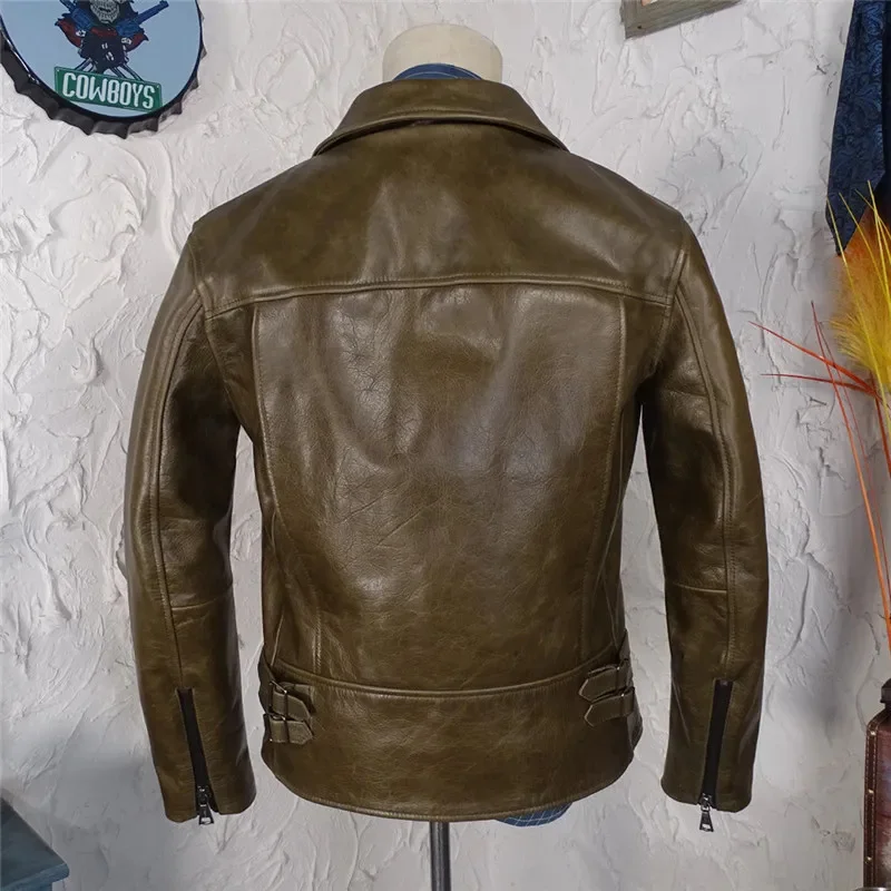 YR!Free shipping.Brand new.Classic motor biker genuine leather coat.men quality slim cowhide coat.Green rider cloth