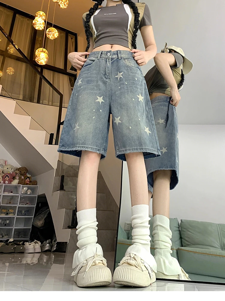 Retro Star Print High Waist Denim Shorts Women's plus Size Loose Slimming Five-Point Jeans Casual Comfortable Mid-Length