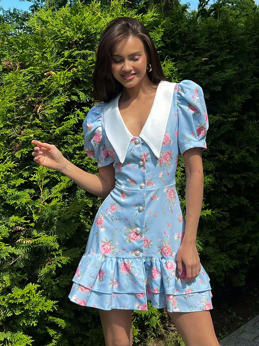 Bornladies Damenkleid mit französischem V-Ausschnitt und Puffärmeln, saisonaler Taillendruck, kurzer Rock, modisches Kleid mit Rüschenrand, Sommerneuheit – Detail 12