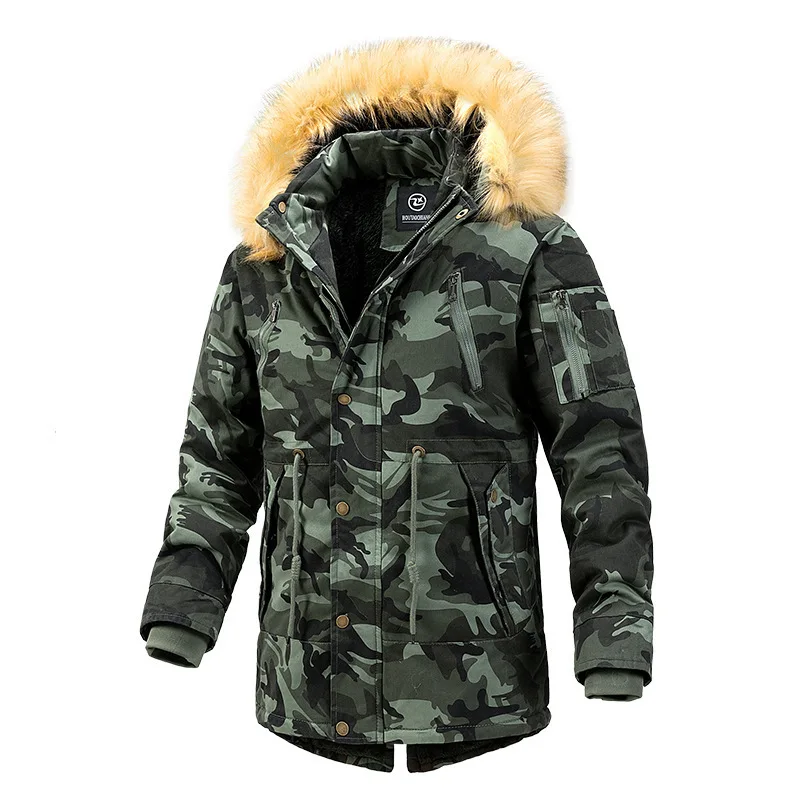 Winter Men Cargo Coat Winter Thicken Fleece Printed Stand Collar Male Jacket Mid Length Long Sleeve Pocket Hooded Man Outerwear