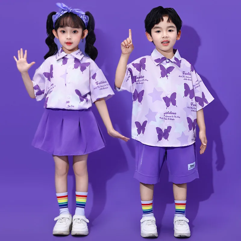 Kids Cheerleader Hip Hop Dance Set Girls Floral Short Sleeve Shirt Performance Class Costume Boys Stage Fashion Short Pants