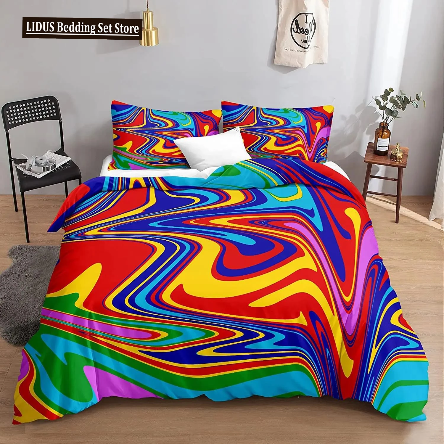 

Abstract Duvet Cover Psychedelic Liquid Rainbow Pattern Soft Bedding Set Pillowcase Double Queen King Size Polyester Qulit Cover