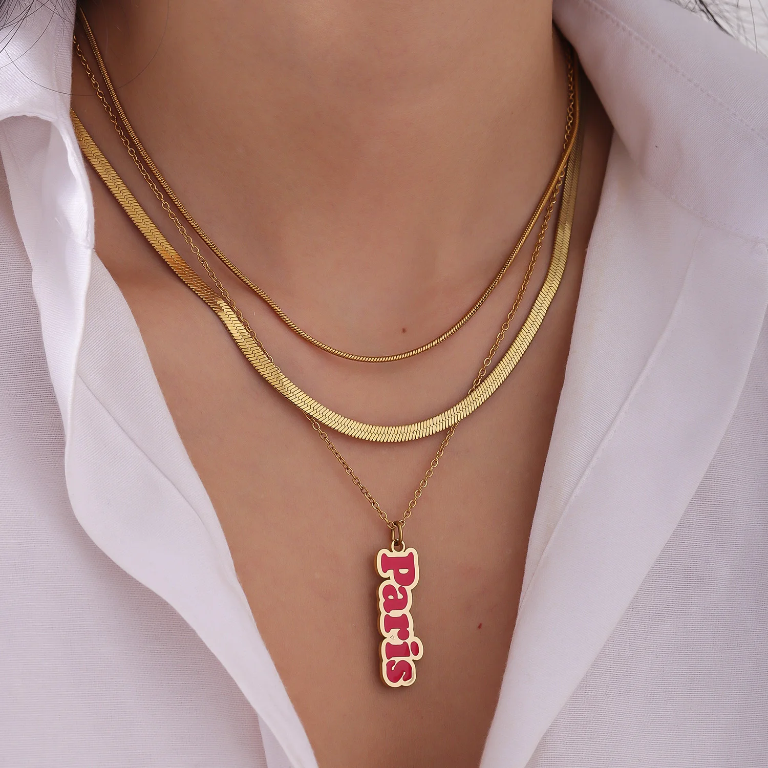 

Custom Name Necklace Multi Layer Pink Pendant 18K Gold Snake Chain Stainless Steel Anniversary Gift Fashion Jewelry for Women