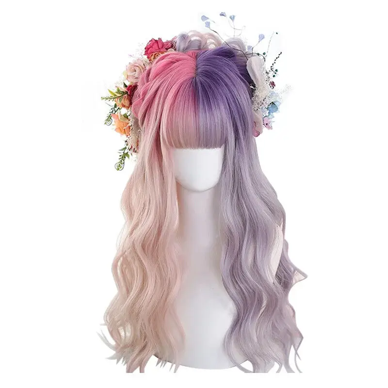 Pink And Purple Gradient Lolita Wigs Long Wave Cosplay Bangs Harajuku Hair