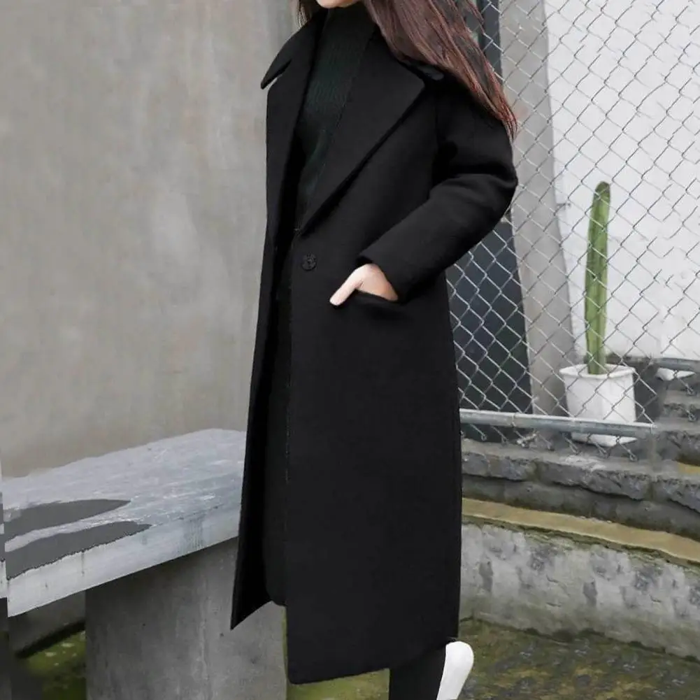 Women Winter Woolen Coat Midi Length Loose Single Button Cardigan Pockets Thermal Elegant Soft Winter Overcoat Lady Trench Coat