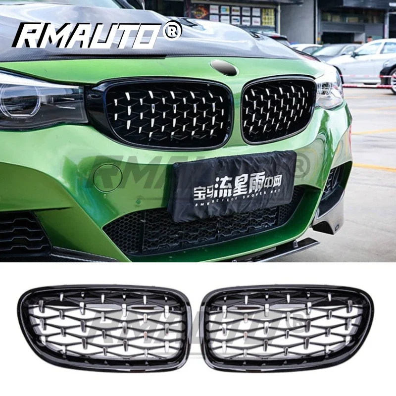 RMAUTO 2Pcs Meteor Diamond Style Car Front Bumper Kidney Grille Racing Grill Black Silver for BMW 5 Series F10 F11 F18 2010-2016