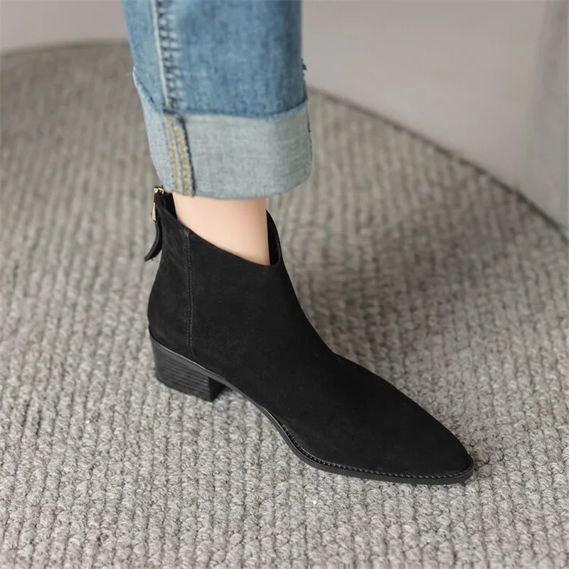 New Autumn Cow Suede Women Boots Pointed Toe Chunky Heel Boots for Women Winter Boots Women Versatile Ankle Boots Zapatos Mujer