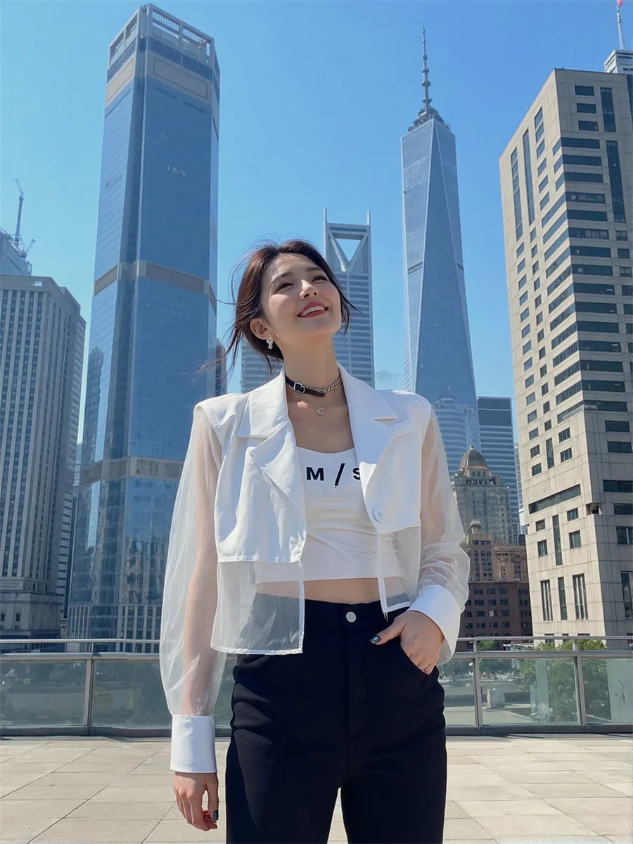 

Sun-proof Cropped See-through Back-Slit Blazers Elegant Woman Clothes For Women Detachable Violet Weddings Draping Two-Tone Slim