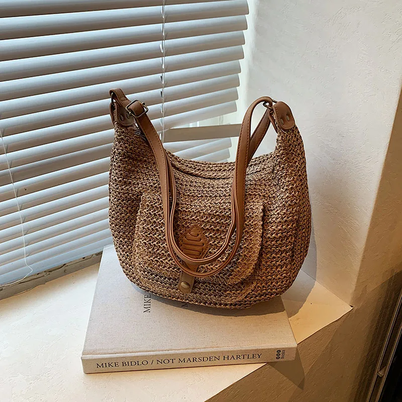 2024 New Grass Woven Women\'s Bag Single Shoulder Crossbody Handbag Large Capacity Vacation Bag Beach Bag