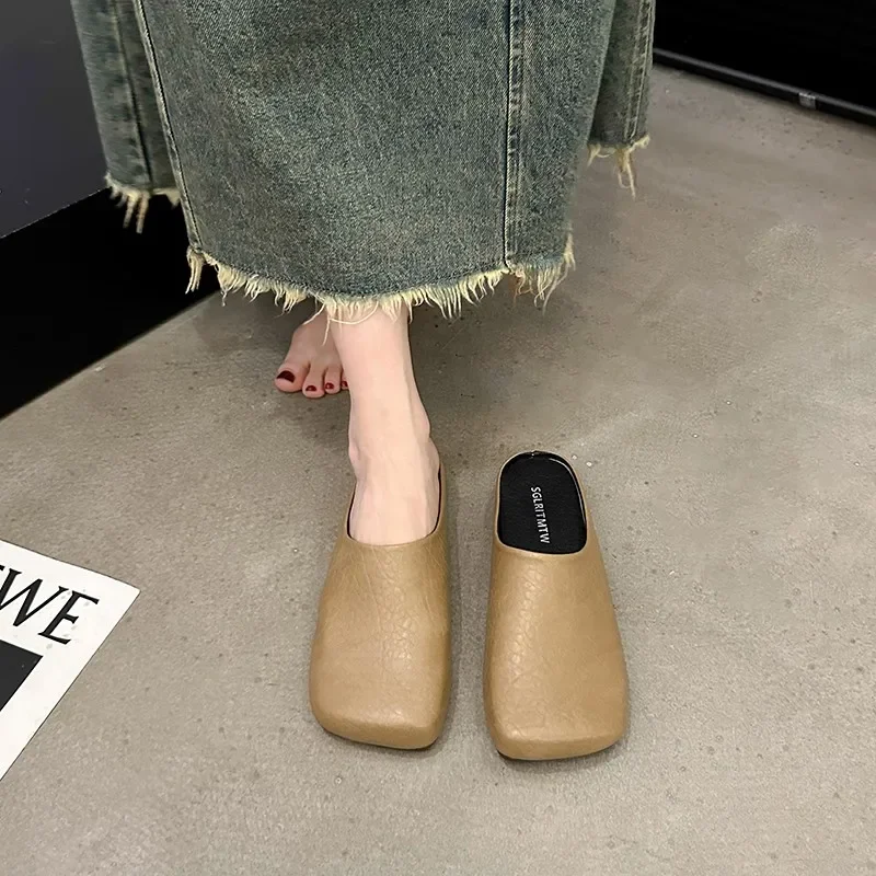 Square Toe Loafers Shoes Woman 2024 Slippers Flat Female Mule Low Pantofle Luxury Slides Cover Mules New Summer Designer Soft Re